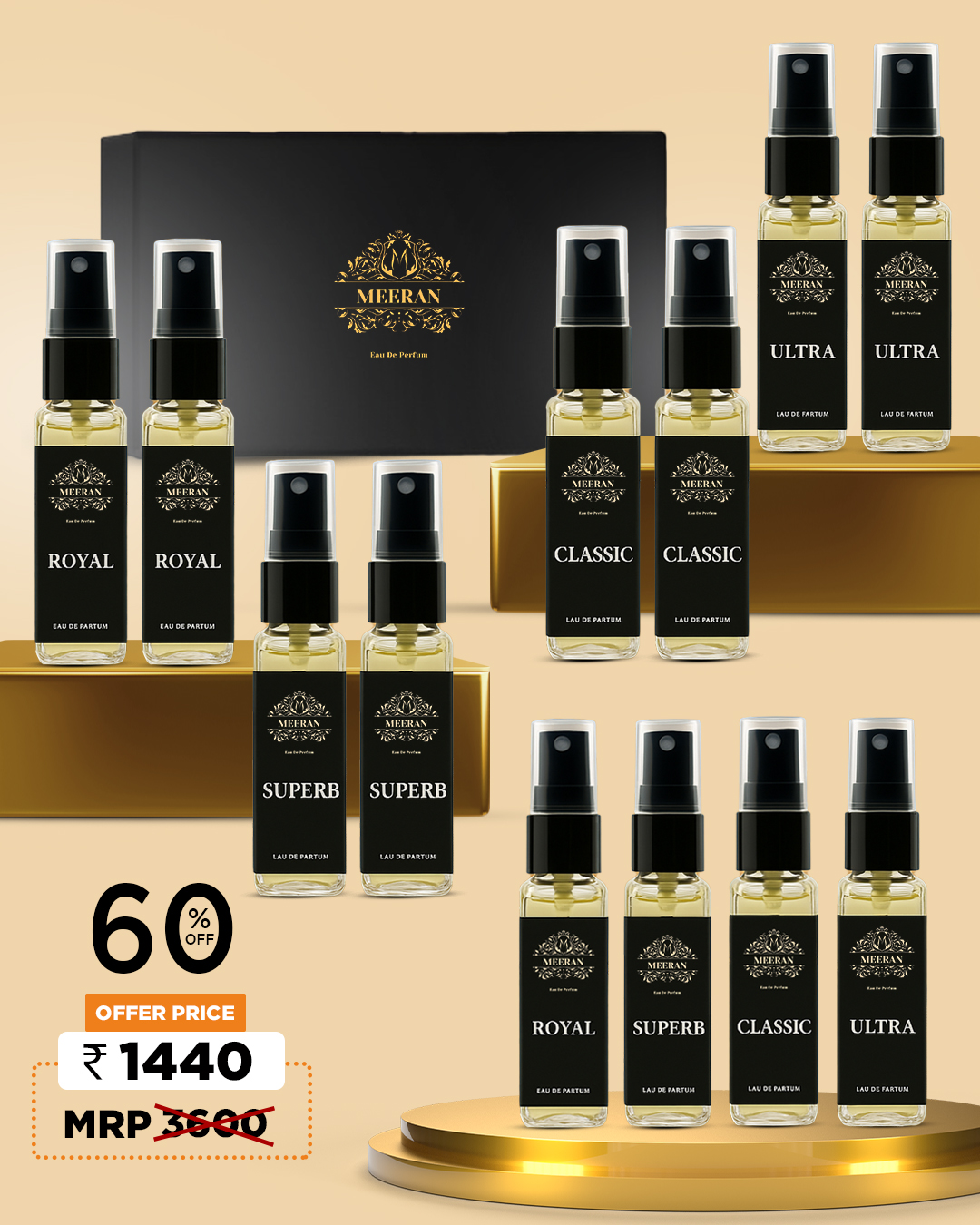 Discover 12 premium unisex fragrances in the Meeran Discovery Set — a 12-pack of 8ml